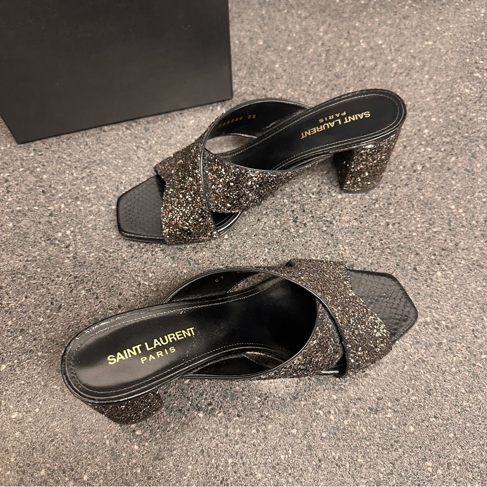 Saint Laurent Black and Gold Glitter Crisscross Block Heel Mules - Picture 3 of 13
